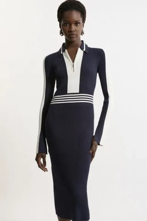 Rib Knit Polo Zip Up Midi Dress