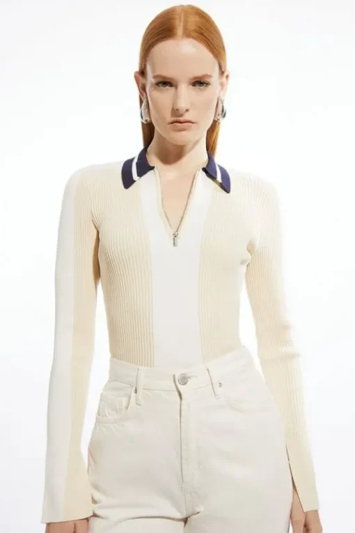 Rib Knit Polo Zip Up Top