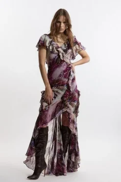 Ruffle Detail Metallic Thread Maxi Dress