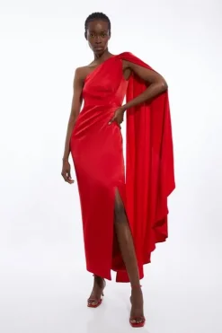 Satin Back Crepe One Shoulder Drape Sleeve Maxi Dress