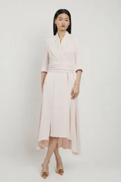 Satin Back Crepe Wrap Tie High Low Maxi Dress