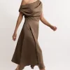 Satin Off The Shoulder Asymmetric Hem Woven Midi Dress