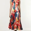 Satin Print V Neck Woven Maxi Dress