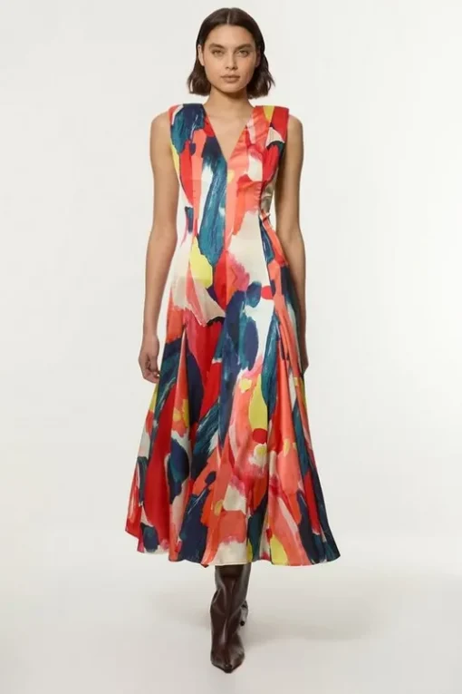 Satin Print V Neck Woven Maxi Dress