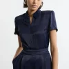 Satin Zip Front Woven Polo Top