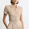 Satin Zip Front Woven Polo Top