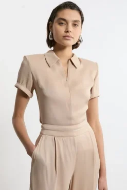 Satin Zip Front Woven Polo Top