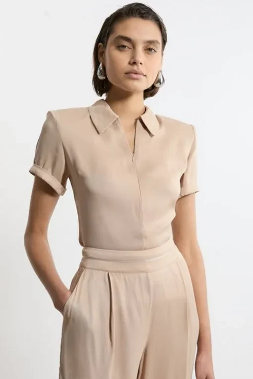 Satin Zip Front Woven Polo Top