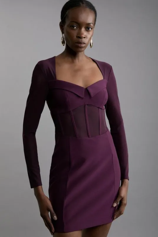 Scuba Crepe And Power Mesh Corset Detail Mini Dress