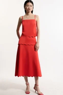 Scuba Scallop Hem Woven Midi Skirt