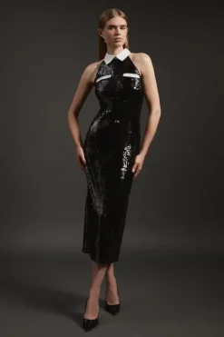 Sequin And Viscose Satin Collar Detail Midaxi Dress