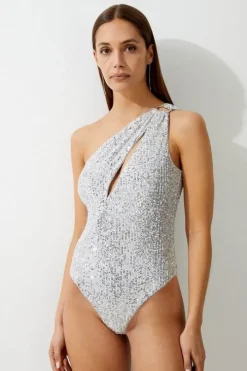 Sequin Cut Out Asymmetric Thong Swimsuit