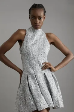 Sequin Metallic Boucle Halter Full Skirt Tailored Mini Dress