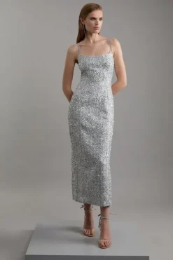 Sequin Metallic Boucle Tailored Maxi Dress