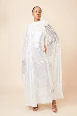 Sequin Rosette Cape Maxi Dress