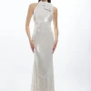 Sequin Rosette Halter Woven Maxi Dress