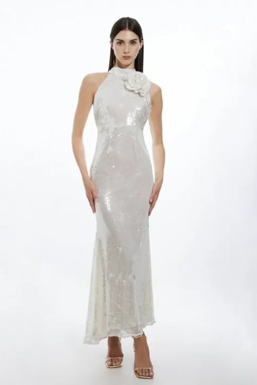 Sequin Rosette Halter Woven Maxi Dress