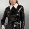 Sequin Woven Long Sleeve Crop Top