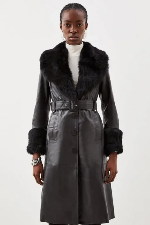 Shearling Cuff And Collar Leather Coat
