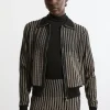 Shrunken Jacquard Knit JacketPu With Collar
