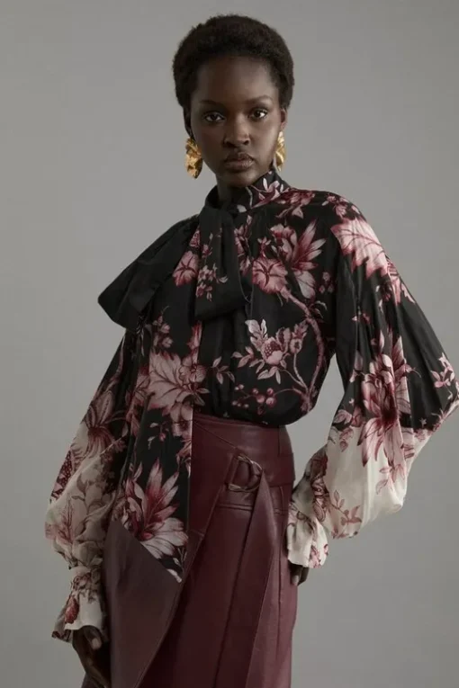 Silk Cotton Border Print Floral Woven Blouse
