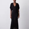 Slinky Knit Kimono Sleeve V Neck High Low Midaxi Dress