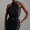 Slub Organdie Halter Pussy Bow Woven Top