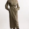 Slub Organdie Woven Utility Midi Dress With Button Sleeve Detail