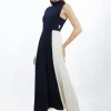 Soft Tailored Color Block Pleated Panel Midaxi Dress