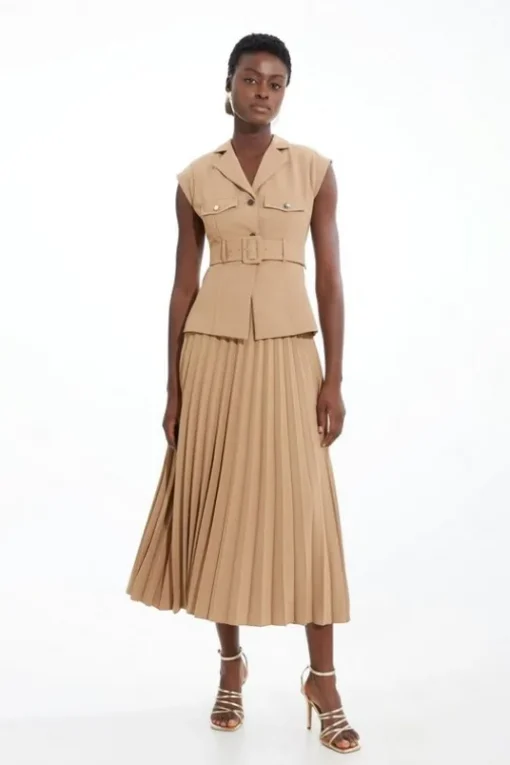 Soft Tailored Crepe Belted Pleated Midi Dress