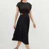 Soft Tailored Crepe Tab Detail Pleated Midi Skirt