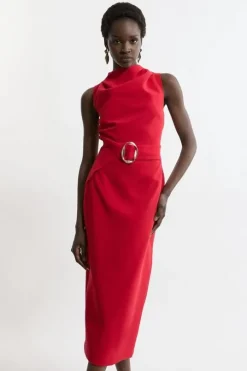 Soft Tailored Drape Detail Sleeveless Tailored Midi Dress