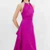 Soft Tailored Draped Wrap Halter Tie Neck Midi Dress