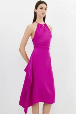 Soft Tailored Draped Wrap Halter Tie Neck Midi Dress