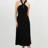 Soft Tailored Halter Tie Neck Pleat Detail Midi Dress