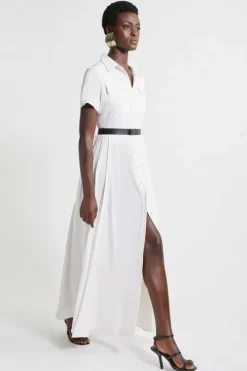Soft Tailored Pleat Panel Midi Shirt Dress