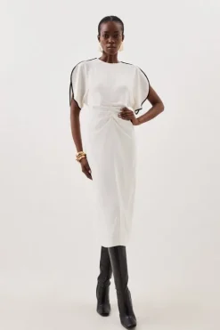 Soft Tailored Ruched Front Contrast Tipped Detail Midi Dress