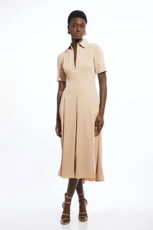 Soft Tailored Tipped Full Skirted Midi Dress