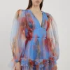 Spring Floral Tulle Plunge Mini Dress