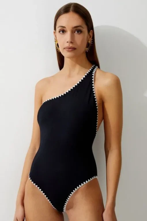 Stitch Detail One Shoulder Cut Out Swimsuit