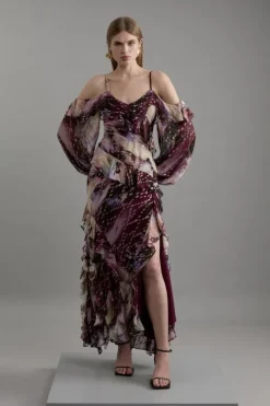 Strappy Metallic Thread Ruffle Midaxi Dress