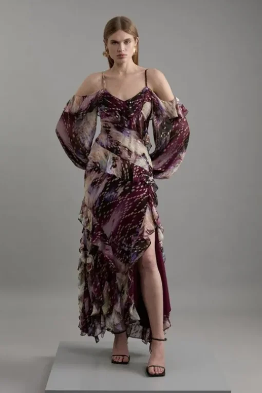Strappy Metallic Thread Ruffle Midaxi Dress