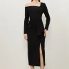 Stretch Crepe Asymmetric Neckline Draped Midi Dress