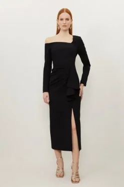 Stretch Crepe Asymmetric Neckline Draped Midi Dress