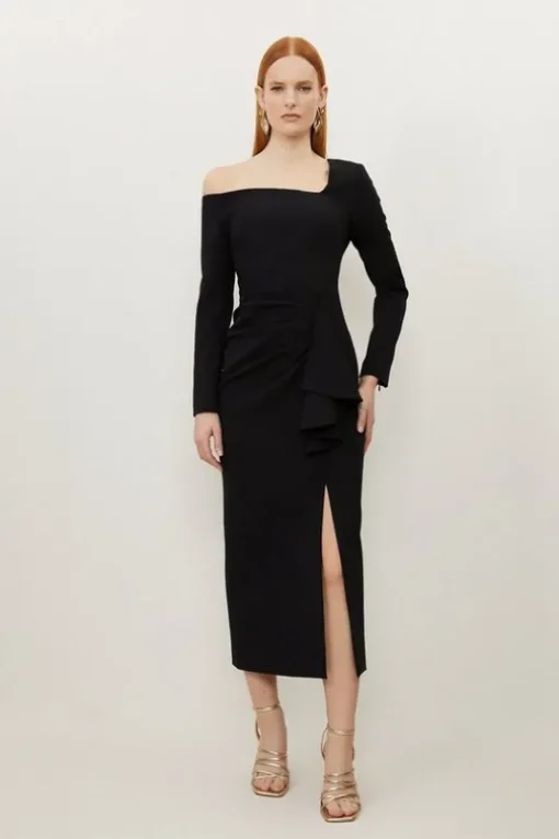 Stretch Crepe Asymmetric Neckline Draped Midi Dress