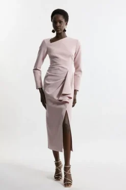 Stretch Crepe Asymmetric Neck Ruffle Drape Midi Dress