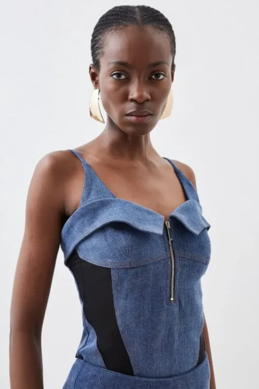 Stretch Denim And Mesh Zip Set