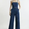 Stretch Denim Bandeau Belted Wide Leg Jumpsuit