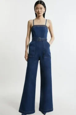 Stretch Denim Bandeau Belted Wide Leg Jumpsuit