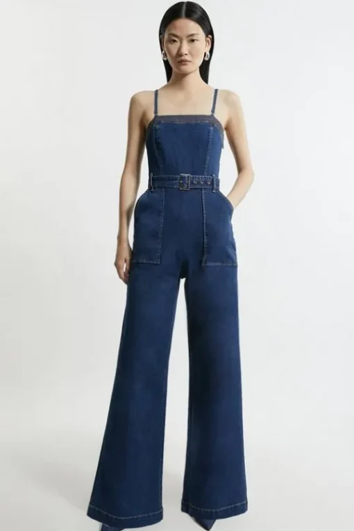 Stretch Denim Bandeau Belted Wide Leg Jumpsuit